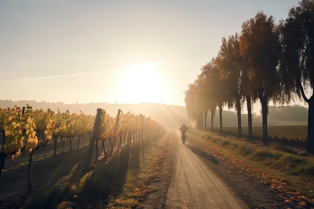 Vintage bicycle tour through picturesque vineyard with autumn sun shining down created with generative ai