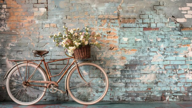 Photo a vintage bicycle with a basket of flowers against a weathered blue brick wall in a cozy interior setting