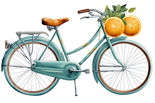 A vintage bicycle with a basket of oranges on it.