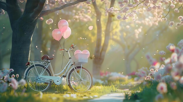 Photo vintage bicycles in nature and urban settings serene landscapes with flowers and balloons