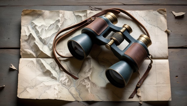 Photo vintage binoculars on a topographic map