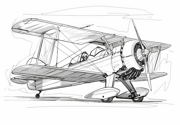 Photo a vintage biplane on the ground modern illustration a retro plane sketch modern hand drawn illustration