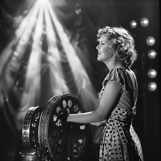 Photo vintage black and white film reel with woman on set