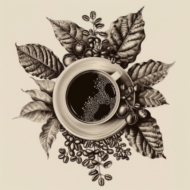 Photo vintage black and white illustration of a coffee cup with surrounding coffee leaves and beans featuring intricate detail ai