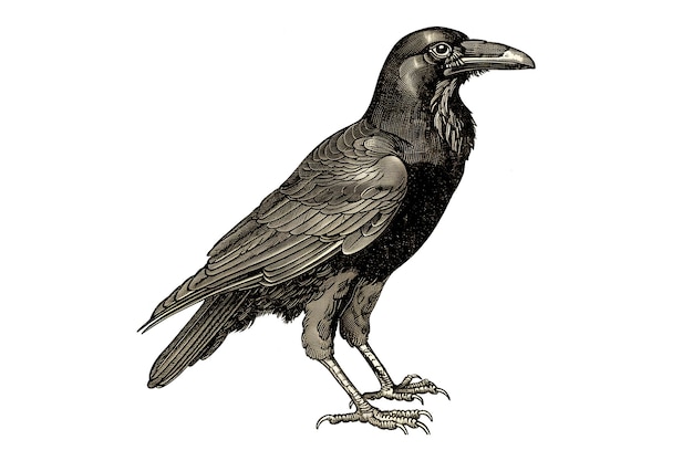 Photo vintage black and white painted illustration of a crow