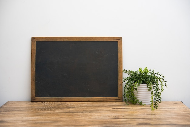 vintage blackboard with wooden frame with a pot of plants