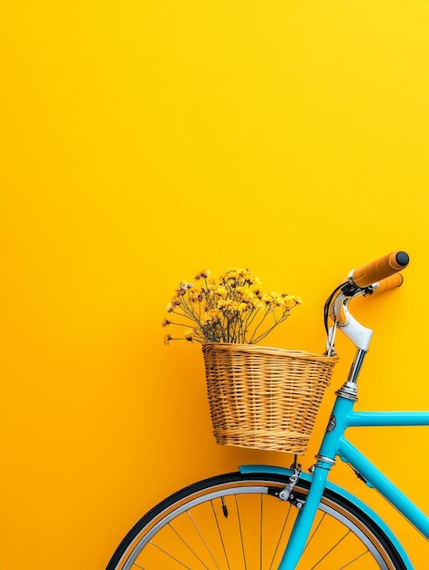 Photo a vintage blue bicycle with a wicker basket filled with yellow flowers stands against a vibrant