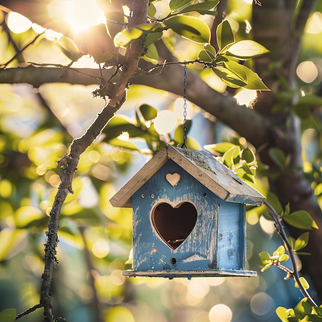 Photo vintage blue birdhouse with heartshaped door hanging from a tree in the sunlight