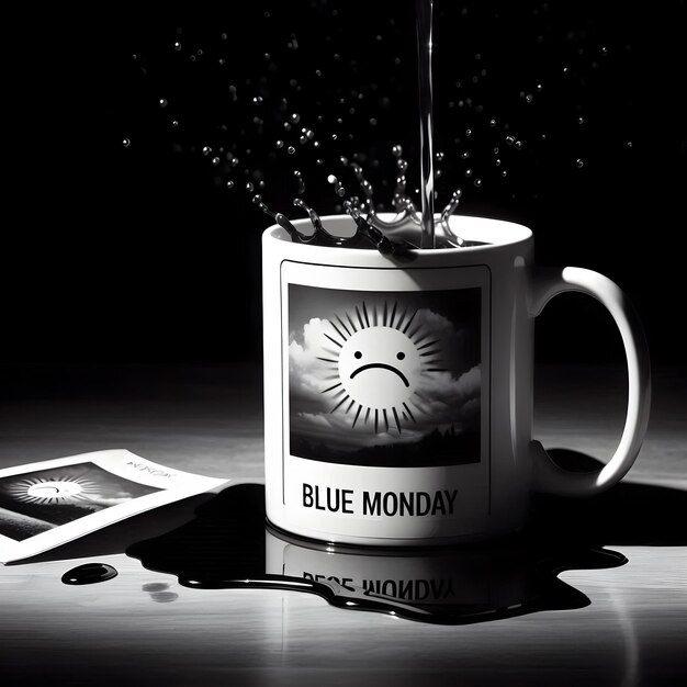 Photo vintage blue monday mug with sad face and spilled liquid