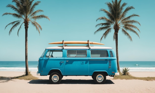 Vintage blue van parked on beach with surfboards on roof and two palm trees