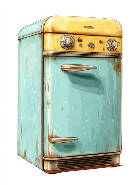 Photo vintage blue and yellow refrigerator