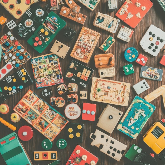 Photo vintage board games and dice on wooden table top