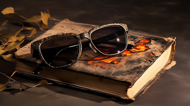 Vintage book burnt sunglass on black background