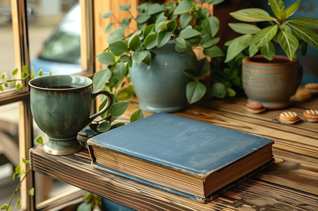 A vintage book and a cup of tea beside plants on a wooden windowsill