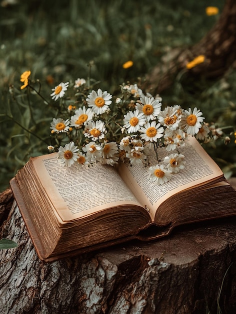 Photo vintage book with wildflowers on tree stump nature and literature concept