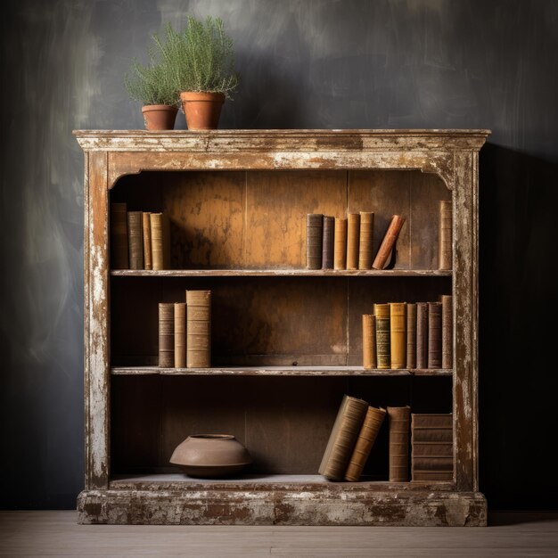 Photo vintage bookcase with distressed charm and lively interiors