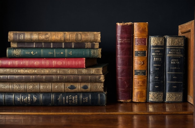 vintage books on old wooden shelf