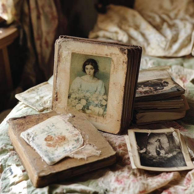 Photo vintage books and photographs on a floralpatterned bed