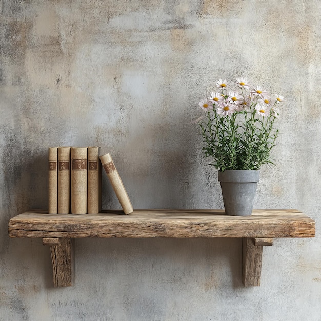 Photo vintage books and vase with chrysanthemums on wooden shelf