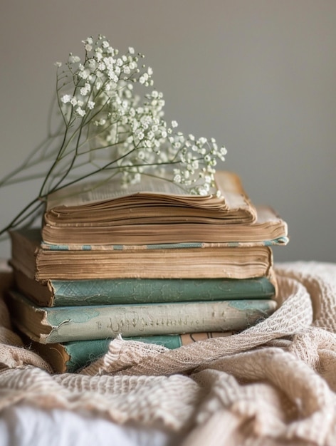 Photo vintage books with delicate flowers a cozy home aesthetic