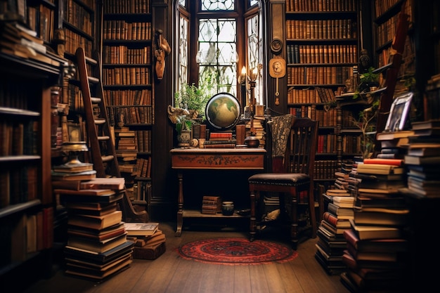 vintage bookstore with shelves filled with antique books