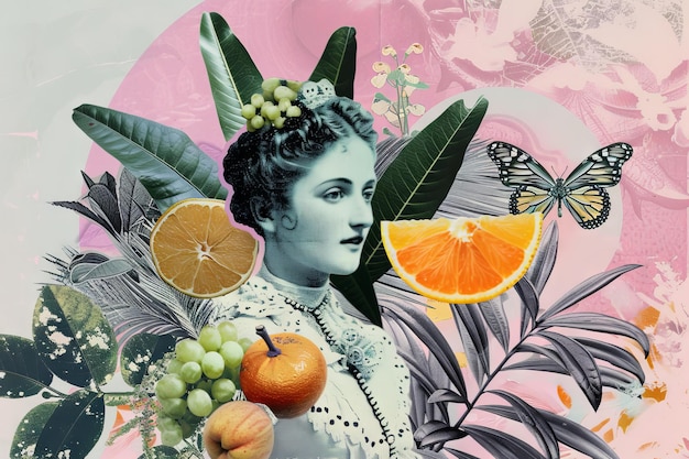 Vintage Botanical Collage with Woman Fruits and Butterfly on Pastel Background