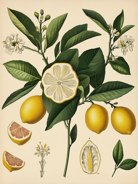 Photo a vintage botanical detailed illustration of the lemon tree