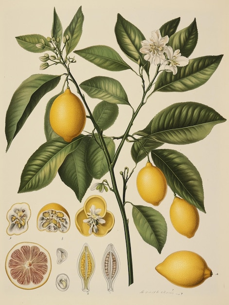 Photo a vintage botanical detailed illustration of the lemon tree