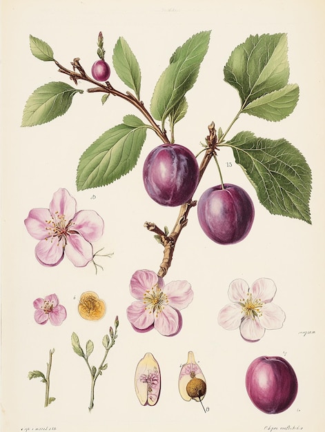 Photo a vintage botanical detailed illustration of the plum tree