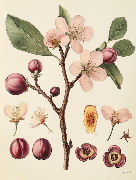 Photo a vintage botanical detailed illustration of the plum tree