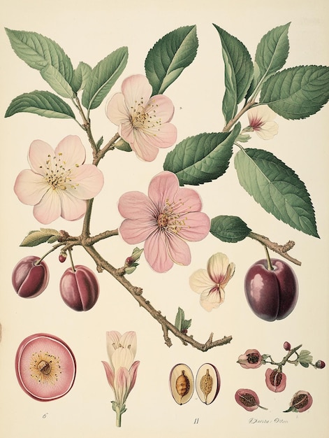 A vintage botanical detailed illustration of the plum tree