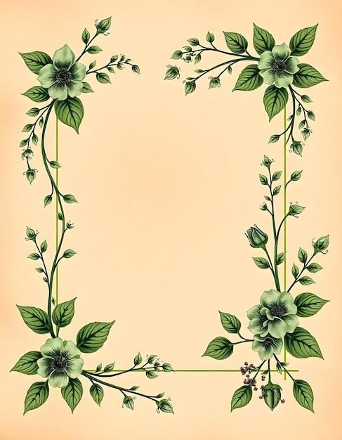 Vintage Botanical Frame with Green Floral Elements