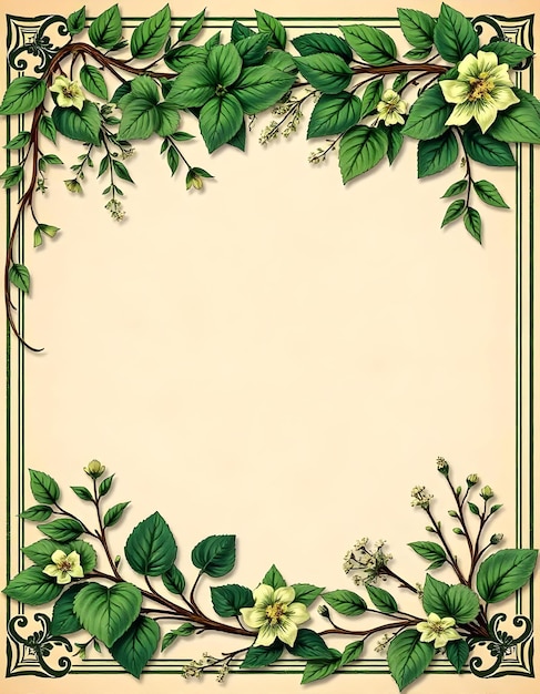 Vintage Botanical Frame with Green Floral Elements