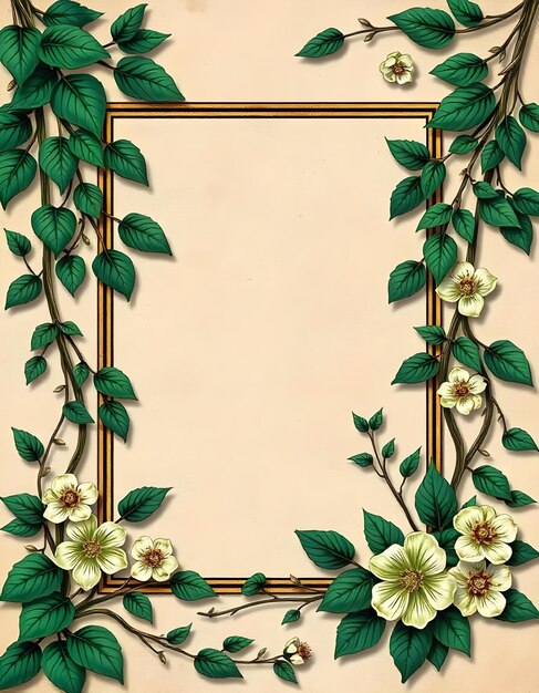 Vintage Botanical Frame with Green Floral Elements