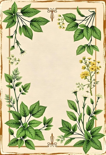 Vintage Botanical Frame with Green Floral Elements