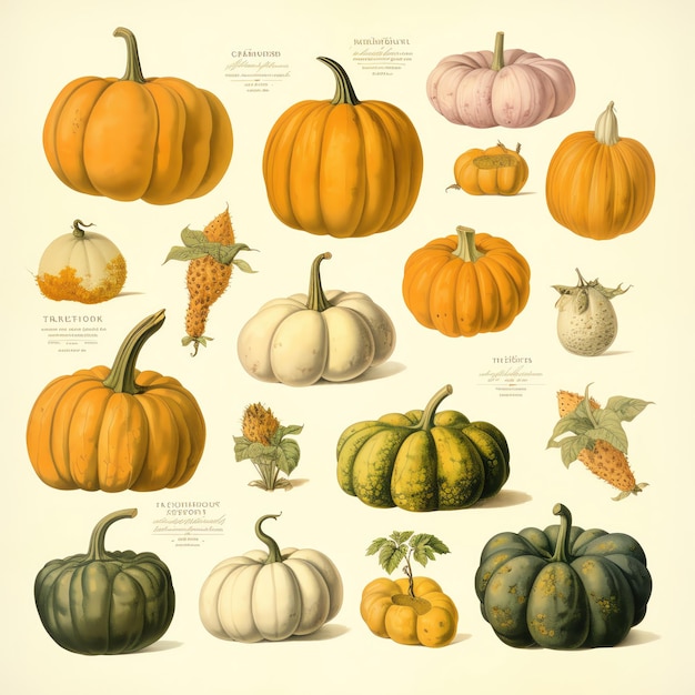 Photo vintage botanical illustration featuring various pumpkin and gourd varieties with detailed labels