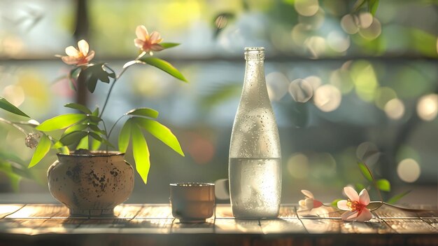 Vintage bottle of water on wooden table with green bokeh background Generative AI illustrations