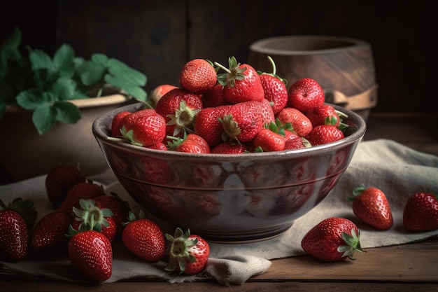 In a vintage bowl uncooked organic strawberries the idea of comfort and interior design holiday morning in the village tempered tone the summer verandas interior the country in the summer