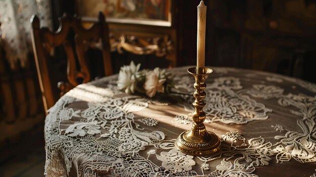 Photo vintage brass candlestick holder on lace tablecloth