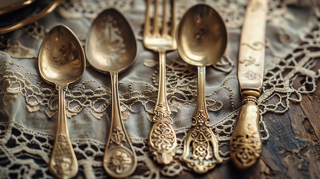 A vintage brass cutlery set featuring intricate detailing placed on an antique lace doily