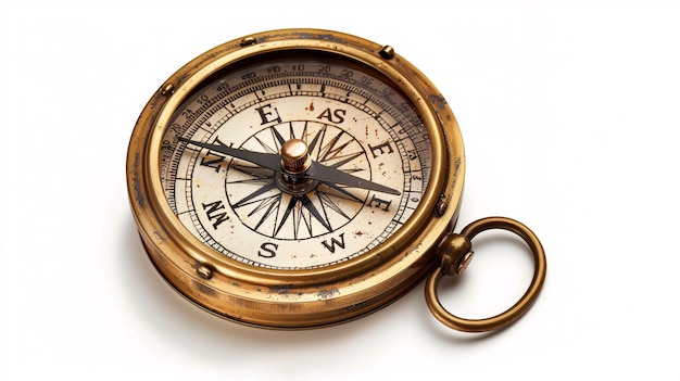 Vintage brass magnetic compass against a plain white backdrop