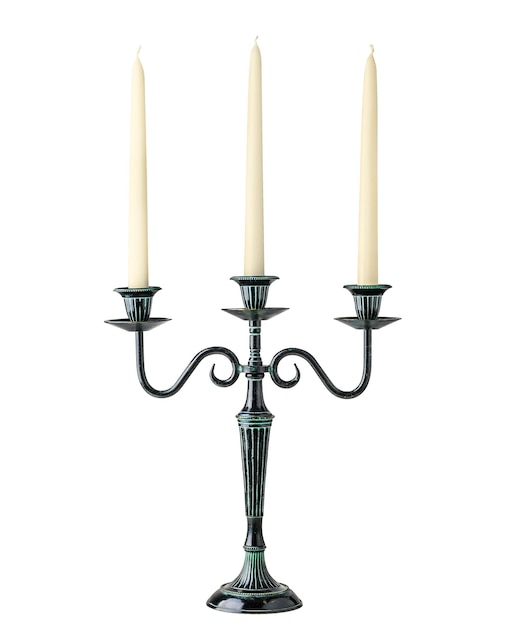 Vintage bronze black candlestick with three candles isolated on a white background