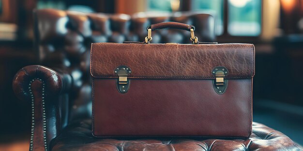 Vintage brown leather briefcase on chair