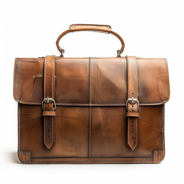 Vintage brown leather satchel with buckles and handle on white background