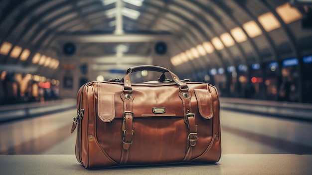 Vintage brown leather suitcase in a train station