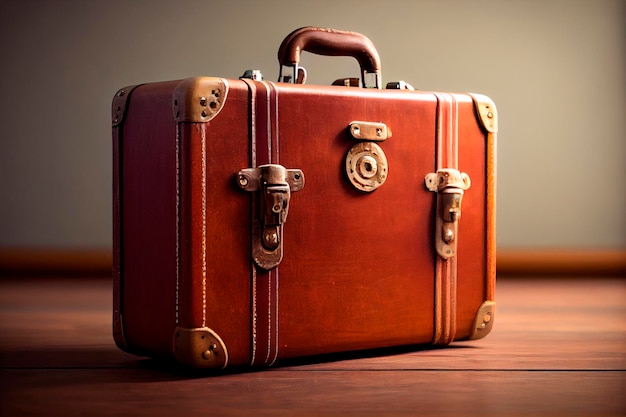 Vintage brown suitcase on a wooden table