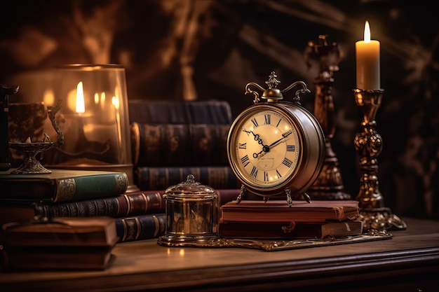 Vintage cabinet interior with books and clock Created using generative AI tools