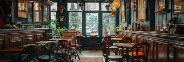 Photo vintage cafe interior with warm lighting and wooden details