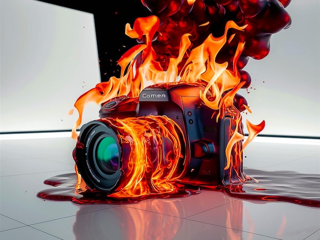 Vintage camera 3d rendering of camera fire melting illustration for photography day