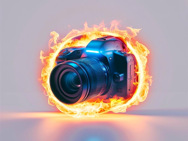 Vintage camera 3d rendering of camera fire melting illustration for photography day